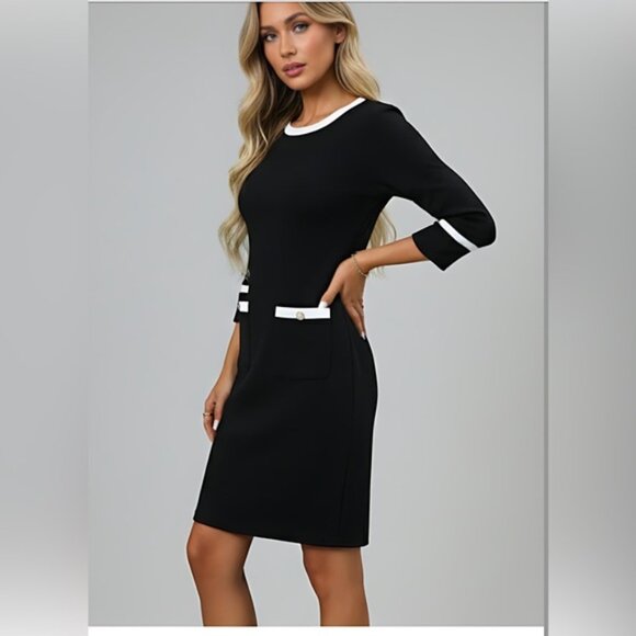 Black Two-Tone Trim Fitted Dress - Picture 4 of 9